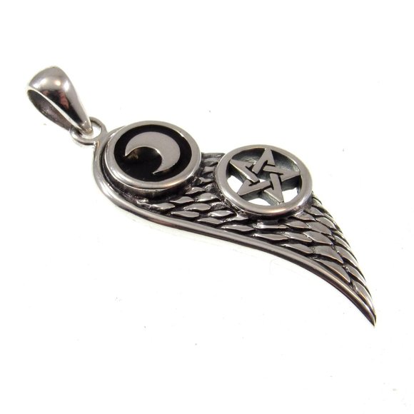 Solid 925 Sterling Silver Angel Wing with Crescent Moon & Pentacle Star Pendant - Picture 3 of 5